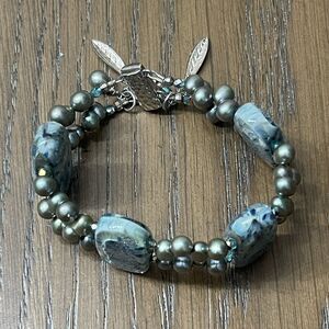 Handmade Double Bracelet Beaded Feather Charm Magnetic Closure Blue Boho Hippie‎